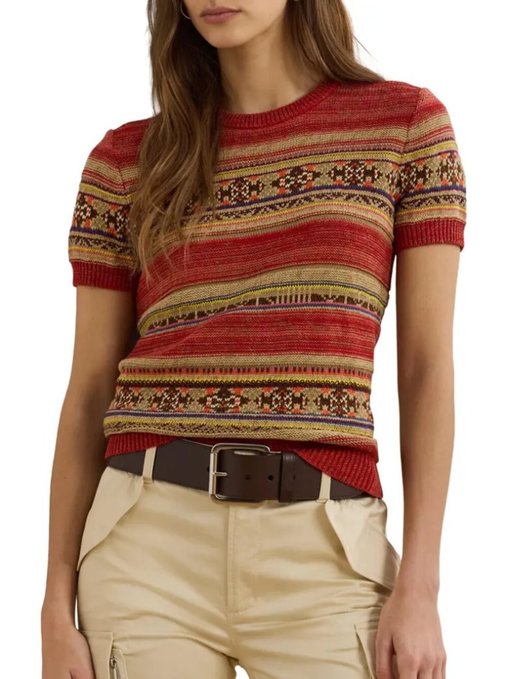 NWT Lauren Ralph Lauren Geo Striped Short Sleeve Sweater Petite Large PL